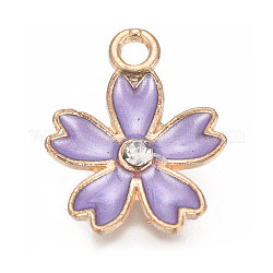 Pendentifs d'émail en alliage, avec strass cristal, fleur de sakura, or, violet, 17x14x2.5mm, Trou: 1.6mm
