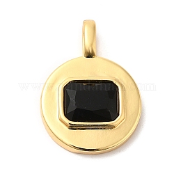 Ottone con pendenti a zirconi, vero placcato oro 16k, piatta fascino rotondo, nero, 20.5x15x4mm, Foro: 4x2.5 mm