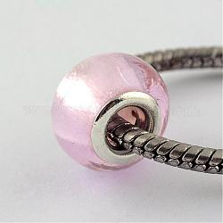 Abalorios europeos hechos a mano de cristal hoja de plata, Con núcleos de latón plateado color plata, rerondana plana, rosa perla, 14x10mm, agujero: 5 mm