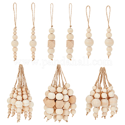 AHADERMAKER 30Pcs 3 Style Christmas Round Wooden Beaded Pendant Decorations, Jute Cord Hanging Ornament, Moccasin, 130~185mm, 10pcs/style