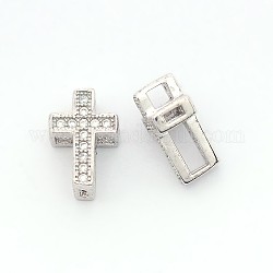 Mode creuses micro en laiton de croix ouvrent perles cubes de zircone, Sans cadmium & sans nickel & sans plomb, Platine plaqué réel, 11x7.5x5mm, Trou: 2x1~4x2mm