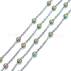 Placage ionique (ip) 304 chaînes porte-câbles en acier inoxydable, avec perles en 304 acier inoxydable, soudé, avec bobine, couleur arc en ciel, lien: 1.5x1.2x0.2 mm, perles: 3 mm, environ 32.8 pied (10 m)/rouleau