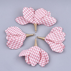 Iron Big Pendants, with Cotton, Flower with Gingham Pattern, Golden, Pink, 50~58x45~80mm, Hole: 1~4mm