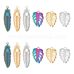 Unicraftale Jewelry Making Findings Kits, Including 6Pcs 3 Colors 304 Stainless Steel Pendant Settings for Enamel and 6Pcs 3 Colors 304 Stainless Steel Pendants, Feather & Monstera Leaf, Mixed Color, Tray: 4x6mm, 26.5~46.5x13~18x2mm, Hole: 2.5mm, 2pcs/color