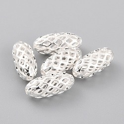 Brass Beads, Long-Lasting Plated, Hollow Out, Rice, 925 Sterling Silver Plated, 11x5mm, Hole: 1.4mm