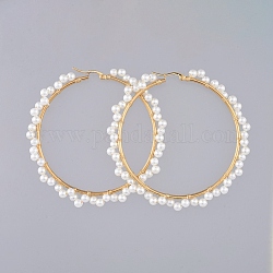 Boucles d'oreilles en perles, avec perles nacrées en verre, Boucles d'oreilles créoles 304 acier inoxydable plaqué or et fil de cuivre, anneau, blanc, 74mm, pin: 0.8 mm