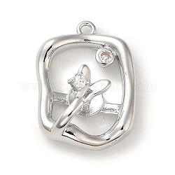 Brass Micro Pave Cubic Zirconia Pendants, Rectangles and Butterflies, Real Platinum Plated, 19.5x14x7mm, Hole: 1.2mm