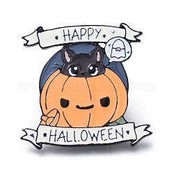 Alloy Brooches, Enamel Pin, with Plastic Findings, Pumpkin Jack-O'-Lantern with Cat Shape and Word Happy Halloween, for Halloween, Colorful, 34.5x35.5x1.5mm, Pin: 1mm