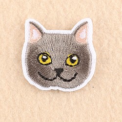 機械刺繍布地手縫い/アイロンワッペン  マスクと衣装のアクセサリー  アップリケ  猫  濃いグレー  3.5x3.7cm