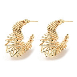 Brass Crescent Moon Stud Earrings, Wire Wrap Half Hoop Earrings, Real 18K Gold Plated, 25.5x13mm