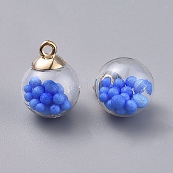 Ciondolo globo di vetro trasparente, con perle di vetro all'interno e aste pendenti in plastica ccb, tondo, oro, blu royal, 21x16mm, Foro: 2 mm