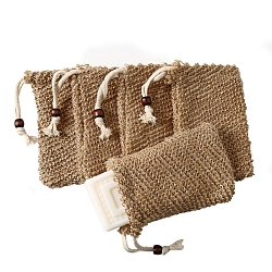 Schaumnetze aus Baumwolle und Leinen, Seifenschoner Netzbeutel, mit Holzperlen, Doppelschicht-Schaumnetze, zur Gesichtsreinigung, Kamel, 13.5x9.5 cm