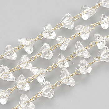 Handmade Glass Beaded Chains, Soldered, with Brass Findings, Faceted, Triangle, Clear, Real 18K Gold Plated, 6.5mm