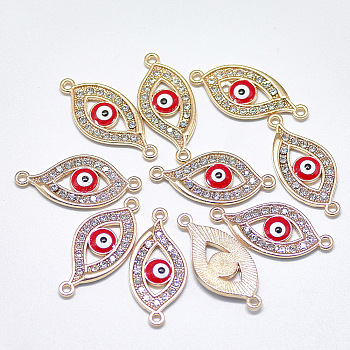 Light Gold Plated Alloy Links, with Crystal Rhinestone and Enamel, Evil Eye, Red, 27x12.5x2mm, Hole: 1.4mm