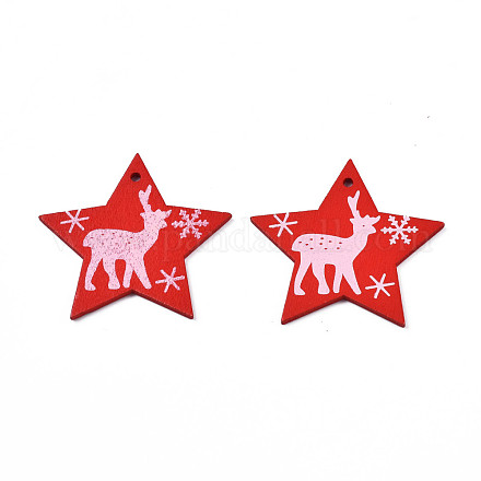 クリスマスのテーマ スプレー塗装の木製ペンダント  片面プリント  トナカイ/クワガタと星  レッド  47x49x2.5mm  穴：2mm WOOD-N005-50B-1