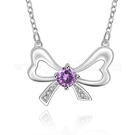Silver Color Plated Brass Cubic Zirconia Bowknot Pendant Necklaces NJEW-BB09803-B-1
