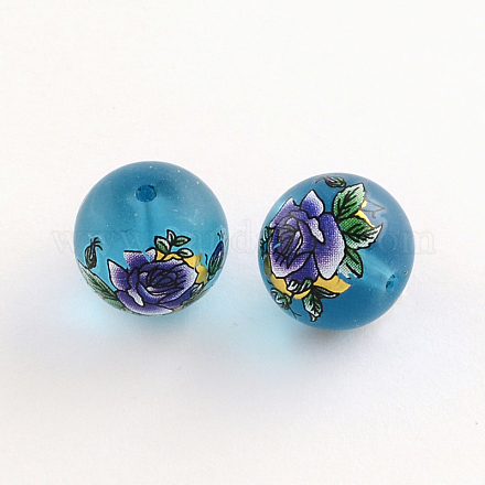Flower Picture Glass Round Beads GFB-R004-14mm-F07-1