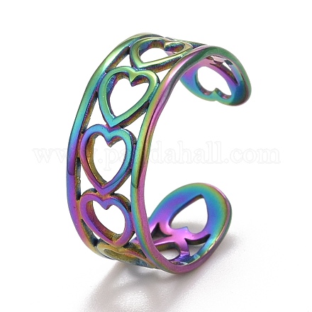 Placcatura ionica color arcobaleno (ip) 304 anello polsino aperto avvolgente a cuore in acciaio inossidabile per donna RJEW-A005-09-1