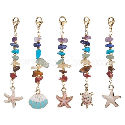 Breloques en alliage d'émail en alliage d'étoile de mer/coquille/tortue et décoration de pendentif en perles de puces de pierres précieuses de 7 chakra HJEW-JM01205-1