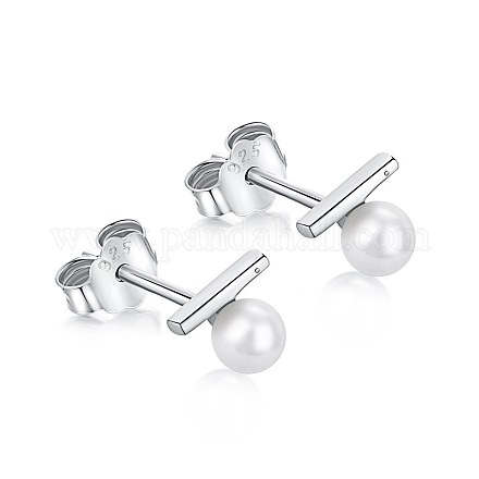 Rhodium Plated 925 Sterling Silver Pearl Stud Earrings for Women EJEW-P231-80P-1
