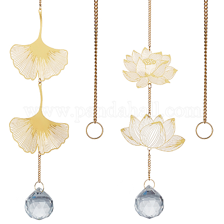 GORGECRAFT 2 Styles Crystal Sun Catchers Hanging Metal Lotus Ginkgo Leaf Pendant Rainbow Prisms Ball for Home Office Indoor Window Decoration Accessories Outdoor Porch Garden Hanging Ornaments HJEW-WH0021-33-1