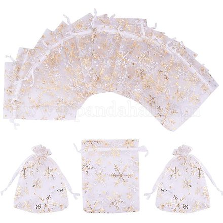 Pandahall Elite 100 pcs 12x10 cm (4 x 4.7 pouces) sacs imprimés flocon de neige doré sacs à bijoux pochettes en organza pochettes à cordon faveurs de mariage sacs de bonbons ABAG-PH0002-10B-1
