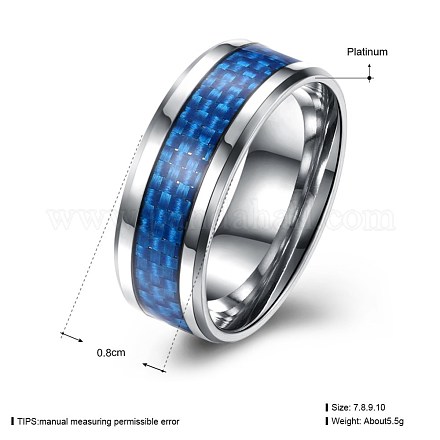 メンズチタンスチールフィンガー指輪  ワイドバンドリング  ブルー  プラチナ  usサイズ10（19.8mm） RJEW-BB27567-C-10-1