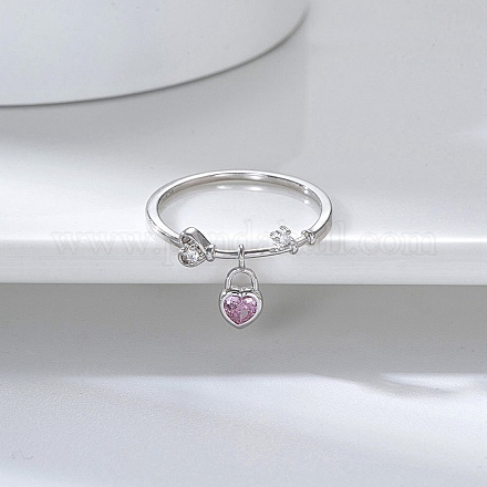 Rhodium Plated 925 Sterling Silver Finger Ring with Cubic Zirconia Heart Pad Charms RJEW-C064-34D-P-1