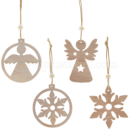 Gorgecraft 24 décoration de sapin de Noël en bois avec pendentif flocon de neige et ange en bois à suspendre - Décorations artisanales rustiques 3D - Décoration de vacances pour le pays des merveilles d'hiver HJEW-GF0001-39C-1