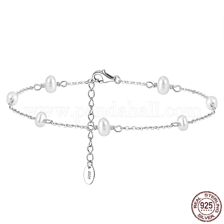 Tobillera de cadena tipo cable de plata de ley 925 chapada en rodio con perlas naturales ovaladas de agua dulce para mujer AJEW-F162-003P-1