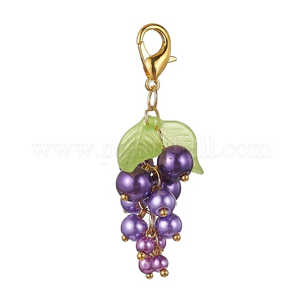 ブドウのガラスペンダント装飾  アクリル製の葉と合金の留め金付き  紫色のメディア  57~60mm HJEW-JM01468-01-1