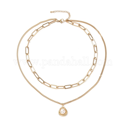 Placage sous vide 304 double chaîne en acier inoxydable collier multicouche avec charme de fleur de perle en plastique pour les femmes STAS-E155-20G-1