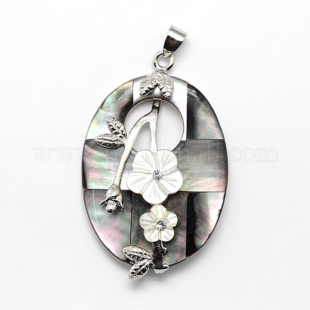 Brass White Shell Oval with Flower Pendants SSHEL-F0006-48C-01-1