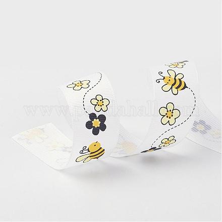 ポリエステルグログランリボン  蜂と花  印刷  ホワイト  1インチ（25mm）  約100ヤード/ロール（91.44メートル/ロール） SRIB-D062-029-1