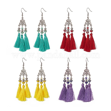 4 paire de pompons en polyester bicolore avec boucles d'oreilles lustre en perles de verre EJEW-TA00183-1