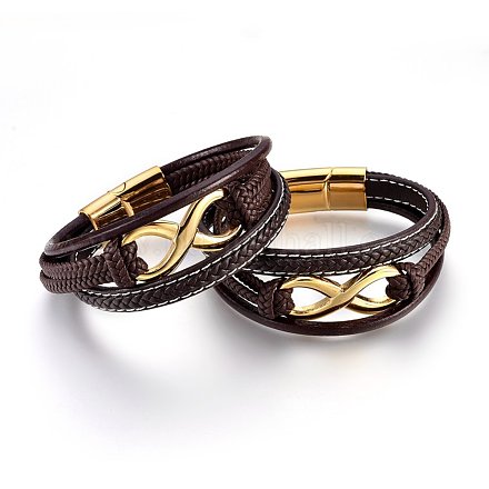 Bracelets multi-rangs avec cordon en cuir tressé BJEW-F349-12G-02-1