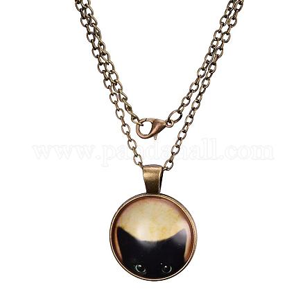 Colliers avec pendentif plat rond avec motif de chat en verre X-NJEW-N0051-014B-01-1