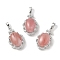 Cherry Quartz Glass Oval Pendants, Platinum Tone Brass Micro Pave Clear Cubic Zirconia Flower Charms, Long-Lasting Plated, Lead Free & Cadmium Free, 30x19x10mm, Hole: 7.8x5mm