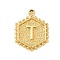 Brass Pendants, Hexagon Letter Charms, Letter T, 20x16x2.5mm, Hole: 1.5mm