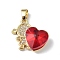 Real 18K Gold Plated Rack Plating Brass Micro Pave Clear Cubic Zirconia Pendants, with Glass, Long-Lasting Plated, Cadmium Free & Lead Free, Girl with Heart Charm, Red, 20.8x17x8mm, Hole: 6x3mm