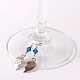 愛のワイングラスチャームを持つチベットスタイルのハート  ガラスビーズ  鉄ビーズと真鍮フープピアス  バレンタインデーのために  アンティークシルバー  ブルー  63mm  ピン：0.7mm AJEW-JO00023-06-2