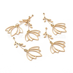 Placcatura sotto vuoto pvd 201 acciaio inossidabile grandi pendenti, placcato di lunga durata, Taglio laser, con anelli di salto, fiore, oro, 52.5mm, Foro: 1.4 mm
