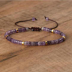 Bracelets tressés en perles d'améthyste naturelle, bracelets ajustables pour femmes, Diamètre intérieur: 16 cm, perle: 4~4.5x2~2.5 mm