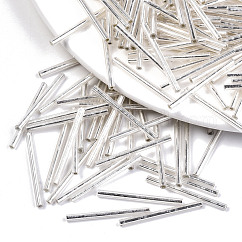 Perle di bugle in vetro galvanizzato, foro rotondo, colori metallici, Argento Placcato, 30x2.5mm, Foro: 1 mm, circa 1500pcs/scatola