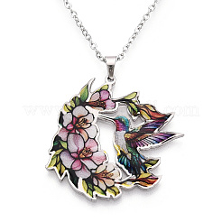 Collane con ciondolo a forma di fiore e uccello in acciaio inossidabile smaltato 304 stampato&nbsp;NJEW-N063-03P