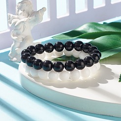 2 pièces 2 couleurs 10mm jade mashan naturel (teint) et jade malaisien (teint) ensemble de bracelets extensibles perlés ronds&nbsp;BJEW-JB07641