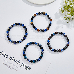 4 Stück 4 Farben Böse Augen gefärbtes natürliches Tigerauge & schwarzer Achat runde Perlen Stretch-Armbänder Set&nbsp;BJEW-FI0001-44