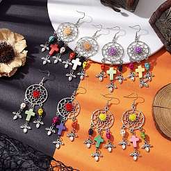 Toile/filet tissé avec boucles d'oreilles pendantes turquoise synthétiques croix et crâne&nbsp;EJEW-JE05864