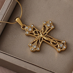 Colliers vintage en acier inoxydable chirurgical 316 avec pendentif croix de Jésus ajouré en verre transparent pour femmes et hommes&nbsp;JW8660