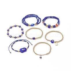 7 pièces 7 style mauvais œil au chalumeau et graine de verre et bracelets extensibles en laiton perlé ensemble pour les femmes&nbsp;BJEW-JB09249-03